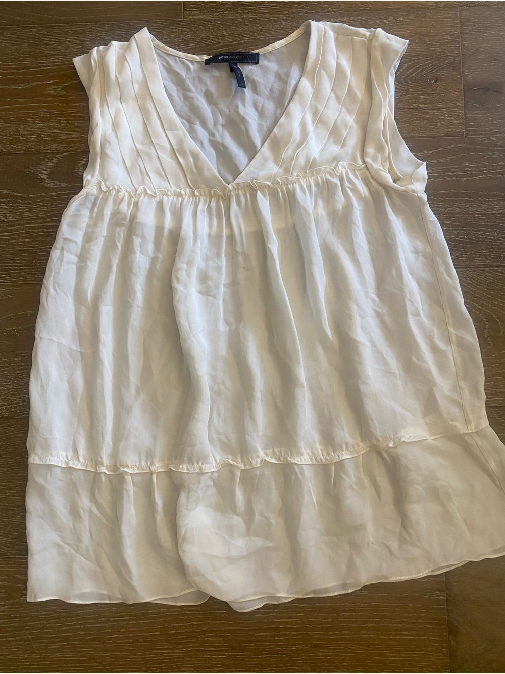 New BCBG MaxAzria 90s Y2K Silk Vintage Babydoll Cream Pleated Tunic Top Blouse S
